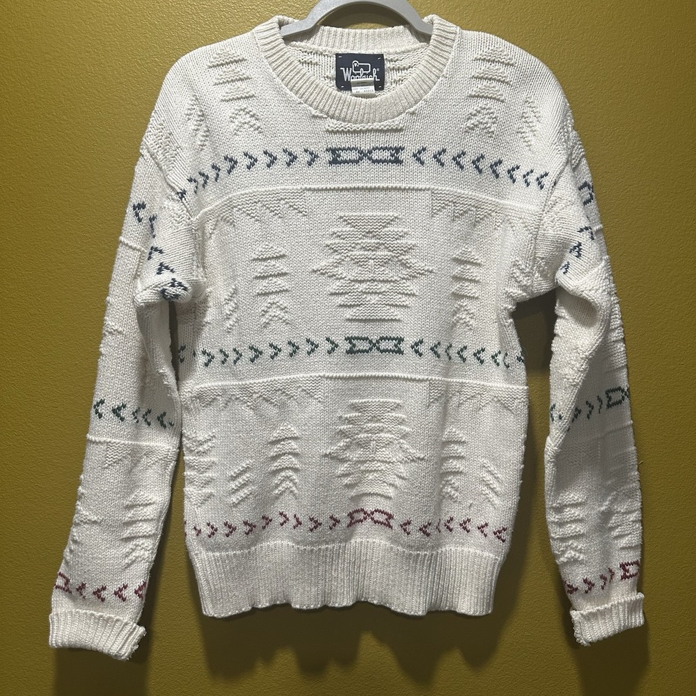 Vintage Woolrich Patterned Knit Sweater Made in USA Small‎ 100% Cotton White